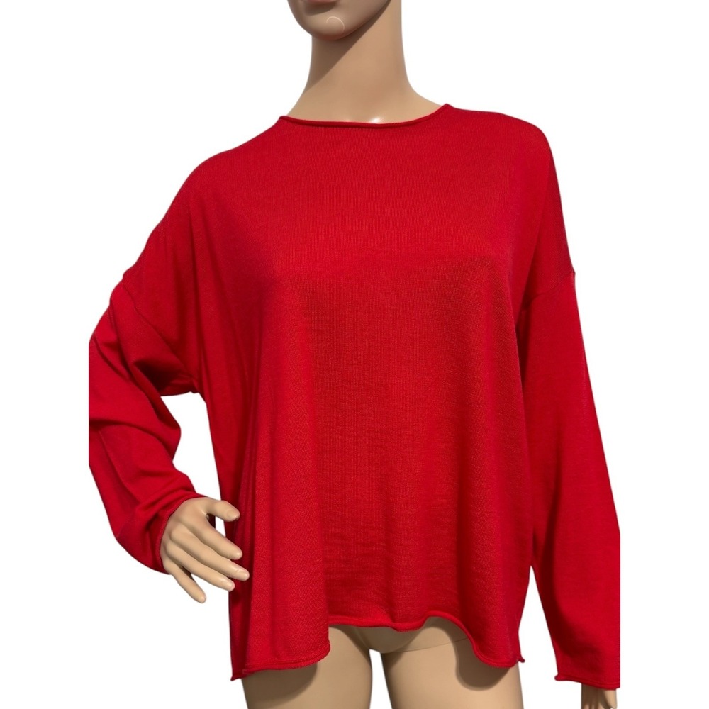 Eileen Fisher Red Extra Fine Merino Wool‎ Boxy Knit Sweater Top Womens  L - Picture 2 of 8